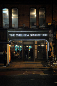 Exterior of Chelsea Drugstore, bohemian-style bar, Dublin.