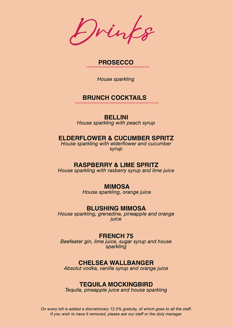 Bottomless Brunch Dublin Drinks Menu with Prosecco and Bottomless Cocktails